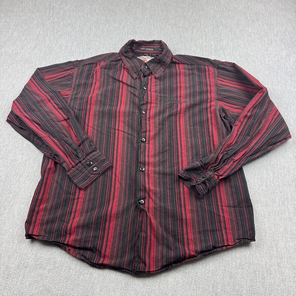Harley Davidson Shirt Mens Medium Red Black Striped Motocycle Biker Y2K Classic